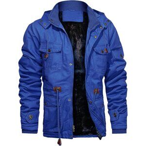 Mens Royal Blue Thick Winter Jacket Hooded Fleece Lined Cotton Military Coat